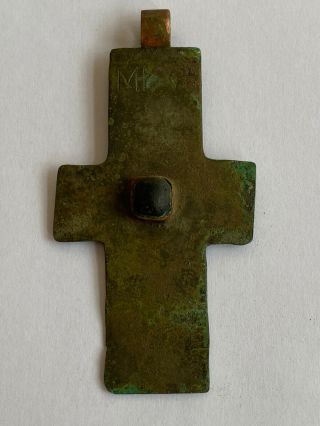 Large Roman Ancient Artifact Bronze Cross With Red Intaglio Gem Stone.  200 - 300ad