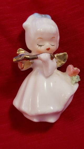 Vintage Miniature Angel Figurine W Flute & Flowers Bone China Napco ?