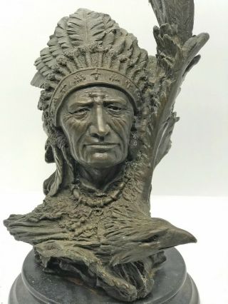Vintage Bronze Indian Chief Flying Eagle Sculpture Figurine Collectible Signed