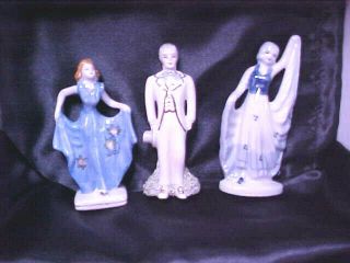 Vintage 3 Figurines Marked Japan Deco Girls Gent Victorian Ladies Dancing