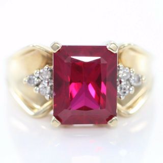 Vintage 10k Gold Labcreated Ruby Solitaire Ring Natural Diamond Accents Size 8.  5
