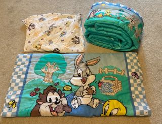 Vtg Baby Looney Tunes Garden Party Crib Set 3 Piece Bumper Pad,  Blanket,  Sheets