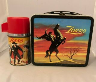 1958 Vintage Zorro Metal Lunch Box And Thermos - - Disney