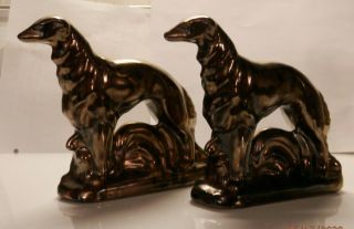 Rosemeade Pottery Metalic Bronze Borzoi Wolfhound Figurine Bookend Pair