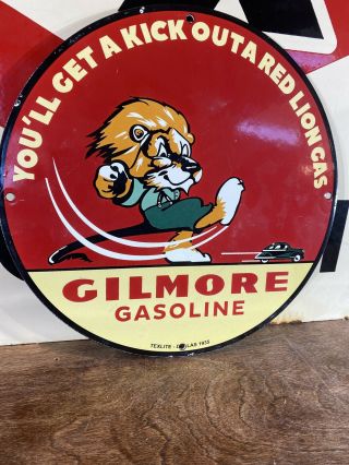 1935 VINTAGE  GILMORE GASOLINE  GAS & OIL PUMP PLATE 12 INCH PORCELAIN SIGN 3