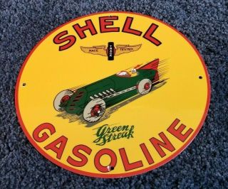 Vintage Shell Green Streak Gasoline W/ Race Car 11 3/4 " Porcelain Metal Oil Sign