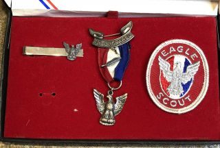 Vintage Boy Scouts Eagle Medal Patch & Tie Clip Type 4 Sterling Silver 1955 - 69