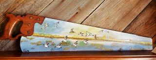 Canvasback Ducks,  Flying Over A Marsh,  Painted On Vintage Hand Saw,