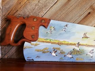 Canvasback Ducks,  Flying Over A Marsh,  Painted on Vintage Hand Saw, 2