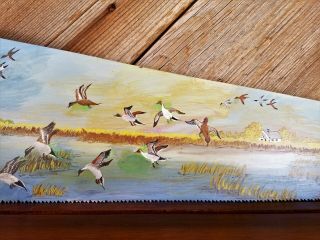 Canvasback Ducks,  Flying Over A Marsh,  Painted on Vintage Hand Saw, 3