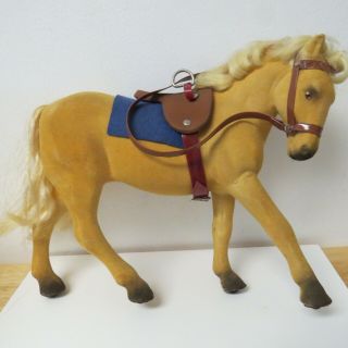 Vintage 1960s Felted Palomino Horse On Wheels W/ Saddle,  Blue Blanket,  Bridle