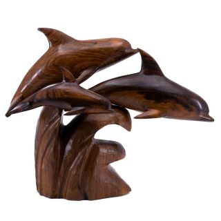 Unique Hand Carved Wood Wooden Ironwood Dolphin School Riding Wave Figurine 8.  5 "