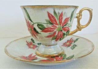 Ucagco December Poinsettia Flower Of Month Lusterware Tea Cup And Saucer