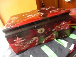 Extraordinary Vtg Japanese Asian Midcentury Lacquered Wood Jewelry Box W/mirror