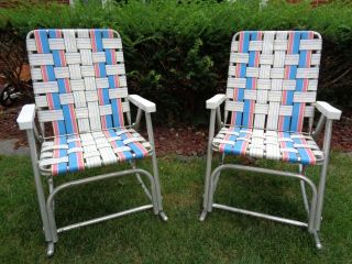 2 Vintage Mid Century Modern Sun Terrace Folding Webbed Rocking Lawn Chairs Pair