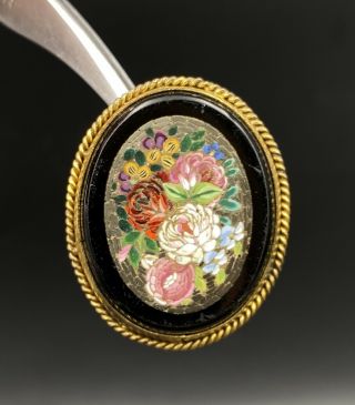 Antique Victorian Micro Mosaic Flower Bouquet Gold Fill Frame Oval Pin Brooch
