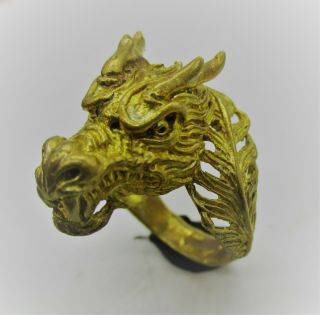 Vintage Near Eastern Gold Gilded Ring With Dragon Head Bezel