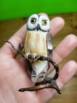 Vintage Boehm Bisque Porcelain Saw Whet Owl Bronze Branch Figurine