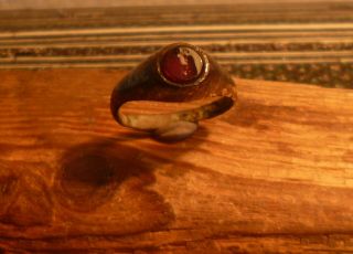 Gorgeous Late Medieval Bronze Stirrup Ring With Red Garnet - Metal Detecting Find