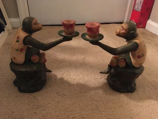 Vintage Pair (2) Rare Tropical Butler Monkey Candle Stick Holders Resin 10”