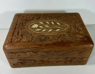 Hand Carved Wooden Jewelry Box With Inlay Trinket
