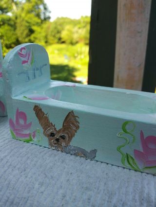Hand Painted yorkshire miniature painting dollhouse bathtub and sink pretty 3