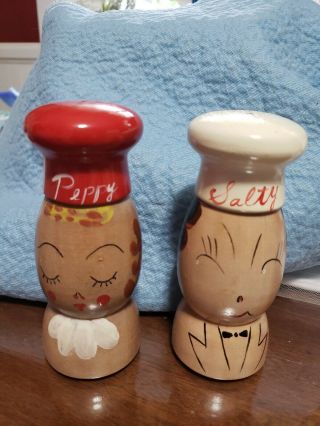 Vintage Wooden Chefs Salty And Peppy Salt And Pepper Shakers