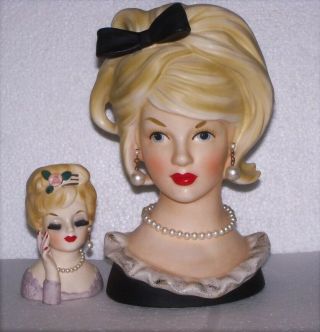 Blonde Beauty Relpo Lg 7.  5 " Teen Headvase Lady Head Vase Vtg Rufles Bow
