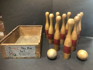 Vintage 1920s Wood Ten Pin Bowling Set Roy Brothers East Barnet,  Vermont
