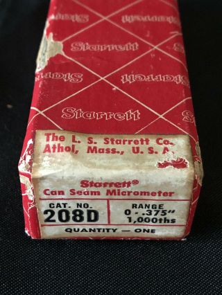 Vintage Starrett Can Seam Micrometer 208d 0 -.  375” 1000ths A3
