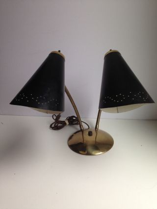 Vintage MID CENTURY MODERN Double Cone Gooseneck Wall Sconce Light Black Gold 2