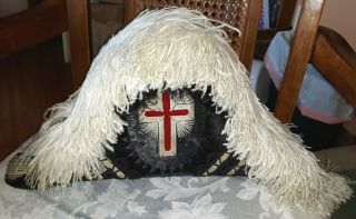 Antique Masonic Knights Templar Hat Red Cross Ostrich Feathers Wh/bl Sz S 21.  5 "
