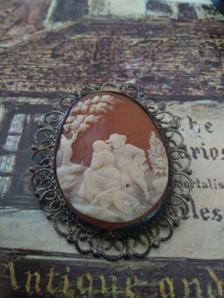Vintage Sterling Silver & Carved Shell Cameo The Lovers Melicio Rodrigues Brooch