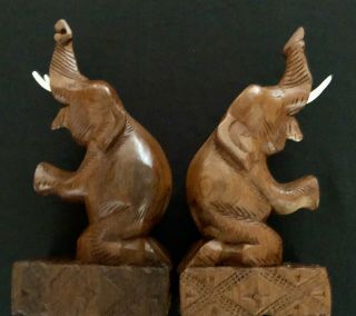 Vintage Hand Carved Solid Wood Elephant Bookends 10” Tall