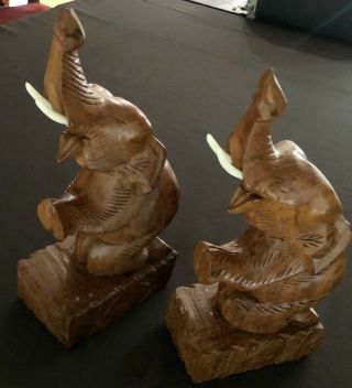 Vintage Hand Carved Solid Wood Elephant Bookends 10” Tall 2