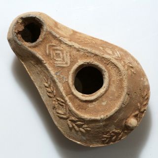 Holy Land Byzantine Decorated Terracotta Oil Lamp Circa 700 - 1000 Ad - Glued