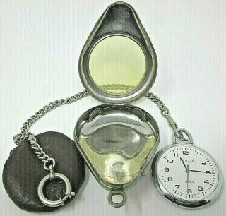 Vintage Kienzle 7 Jewels Pocket Watch Made In Germany Outer Case,  Chain Military