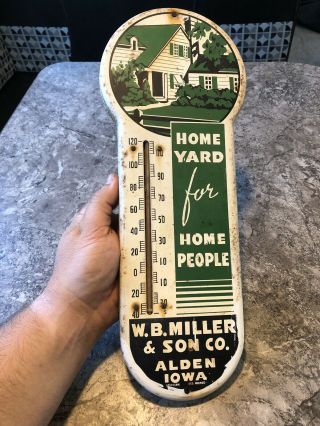 Vintage Tin Painted Advertising Thermometer 16x6 " Miller Son Alden,  Iowa Sign