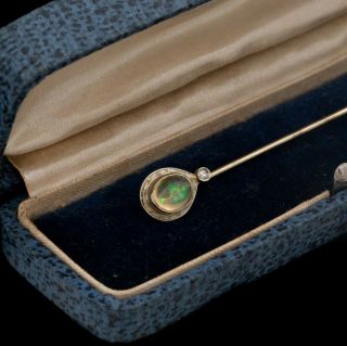 Antique Vintage Nouveau 18k White Gold Jelly Fire Opal Diamond Stick Pin Brooch