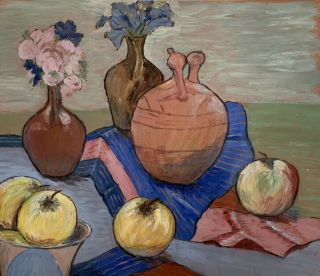 Vintage French Post - Impressionist Oil - Colorful Still Life Fruit & Pots/ Vases