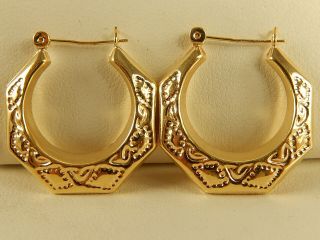 14k Yellow Gold Ornate Hoop Earrings 3/4 " Vintage Estate