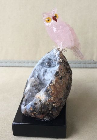 Rose Quartz Owl On Geode 4 " - Peter Muller