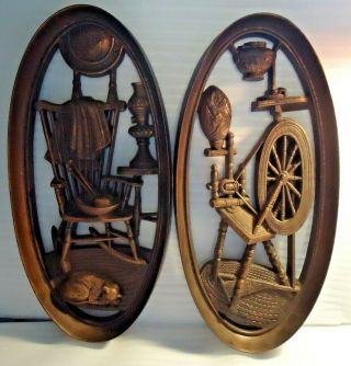 Vintage Set Of 2 Burwood Products Co Wall Decor Spinning Wheel & Rocking Chair