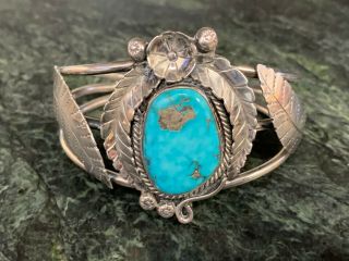 Vintage Morty Johnson Signed Navajo Sterling Silver Turquoise Cuff Bracelet