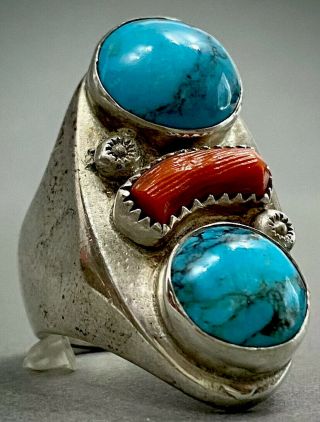 Huge Vintage Navajo Sterling Silver Blue Turquoise & Coral Ring 28 Grams