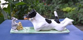 Smooth Fox Terrier And A Rat Handsculpted Ceramic.  Ooak.  Look
