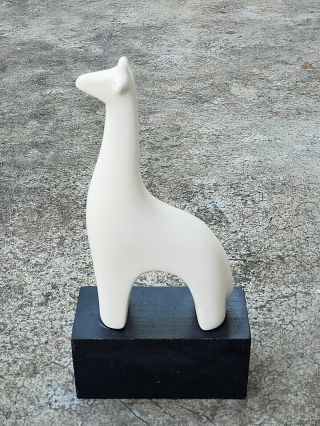 Vintage Mid - Century Modern White Ceramic Giraffe Statue On Wood Base