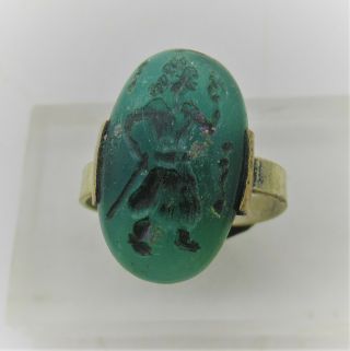 Ancient Near Eastern Sasanian Style Silver Ring With Green Stone Intaglio