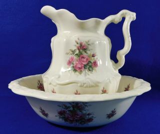 Large Vintage 15 " Vb Athena Roses California Pottery Pitcher & Wash Bowl Basin