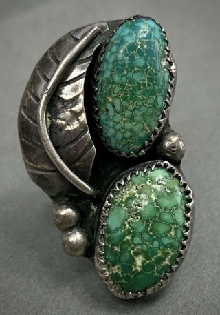 Huge Vintage Navajo Sterling Silver Green Spiderweb Turquoise Ring Old